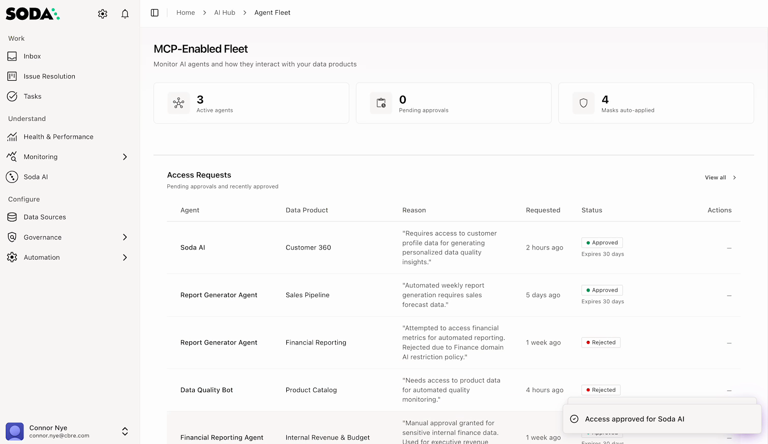 Agentic Soda agent fleet showing active agents and an audit table of approved and rejected access requests