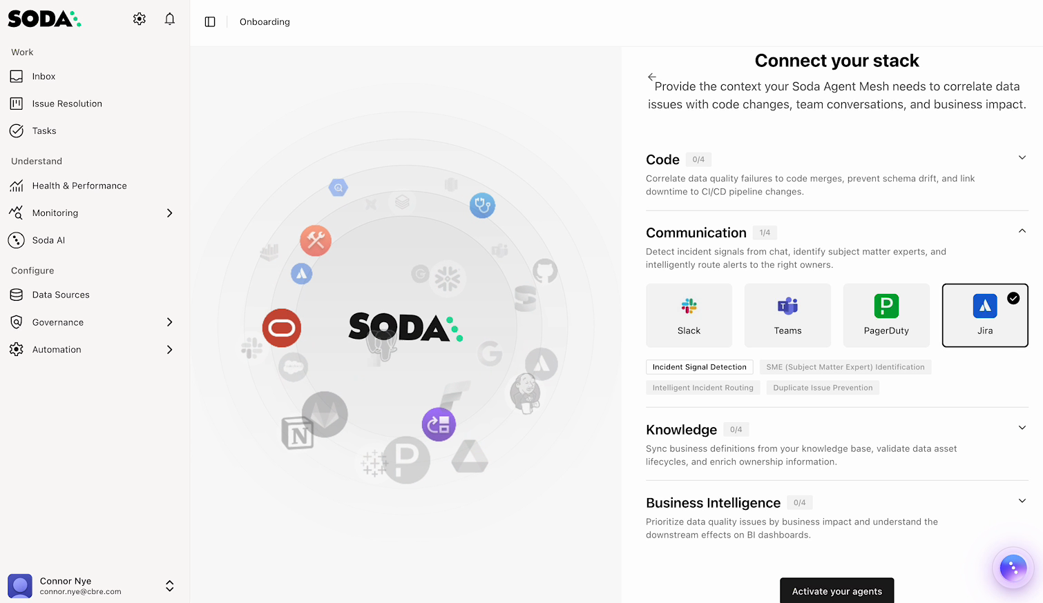Agentic Soda onboarding flow for connecting code, communication, knowledge, and business-intelligence tools to an agent mesh
