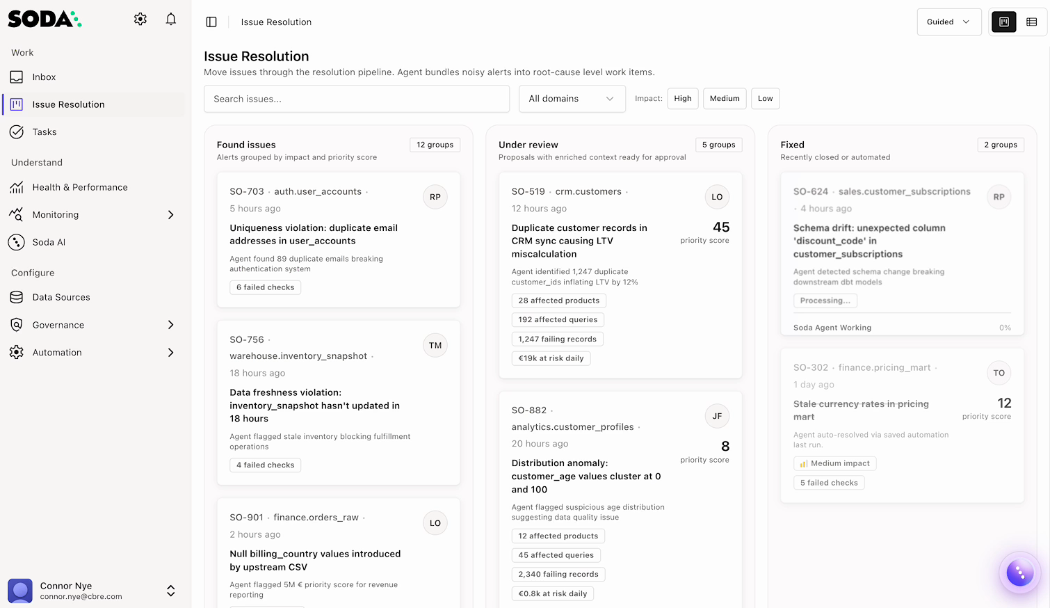 Exploratory Agentic Soda Kanban board with found, under-review, and fixed issue columns