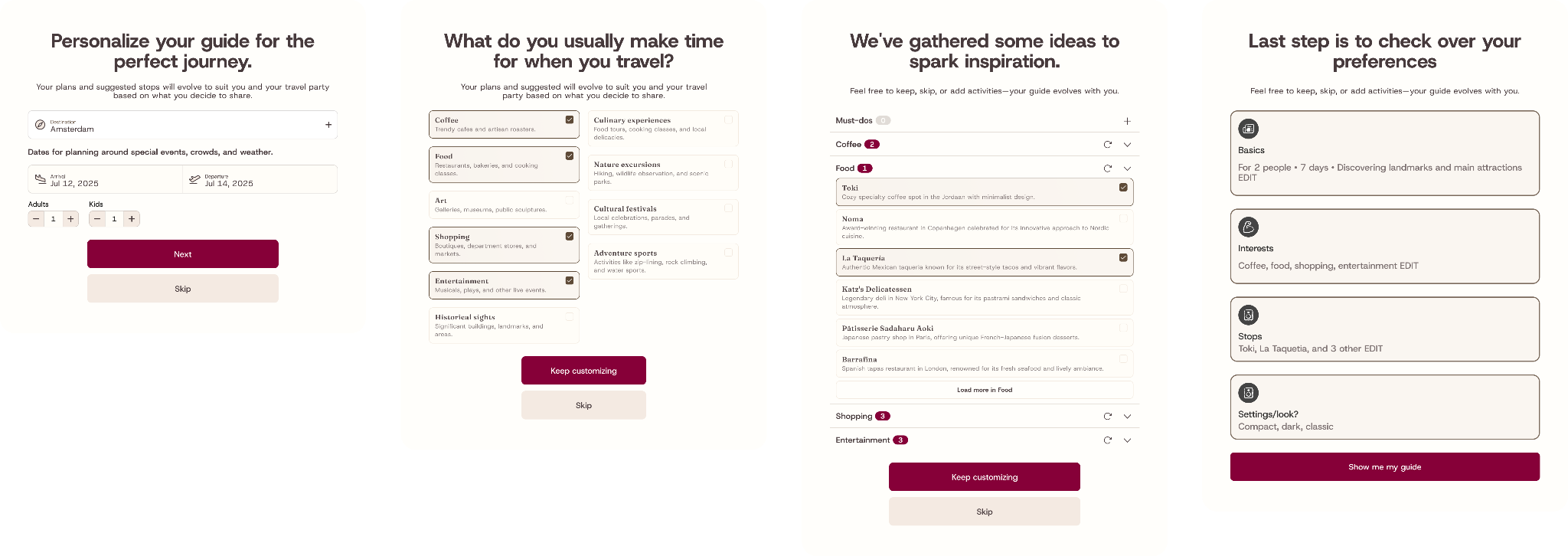 Four screens for setting trip details, choosing interests, reviewing suggestions and confirming preferences