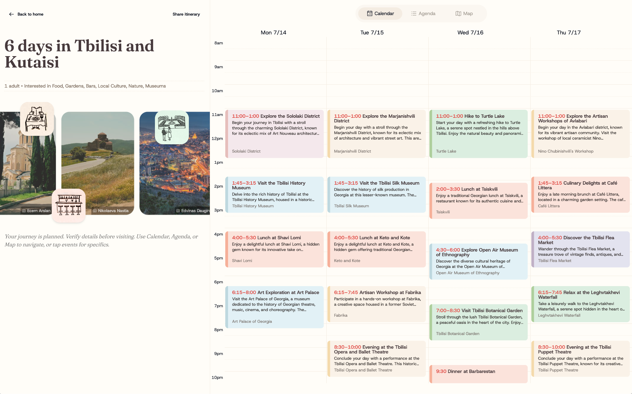 TripClick calendar for a six-day trip through Tbilisi and Kutaisi