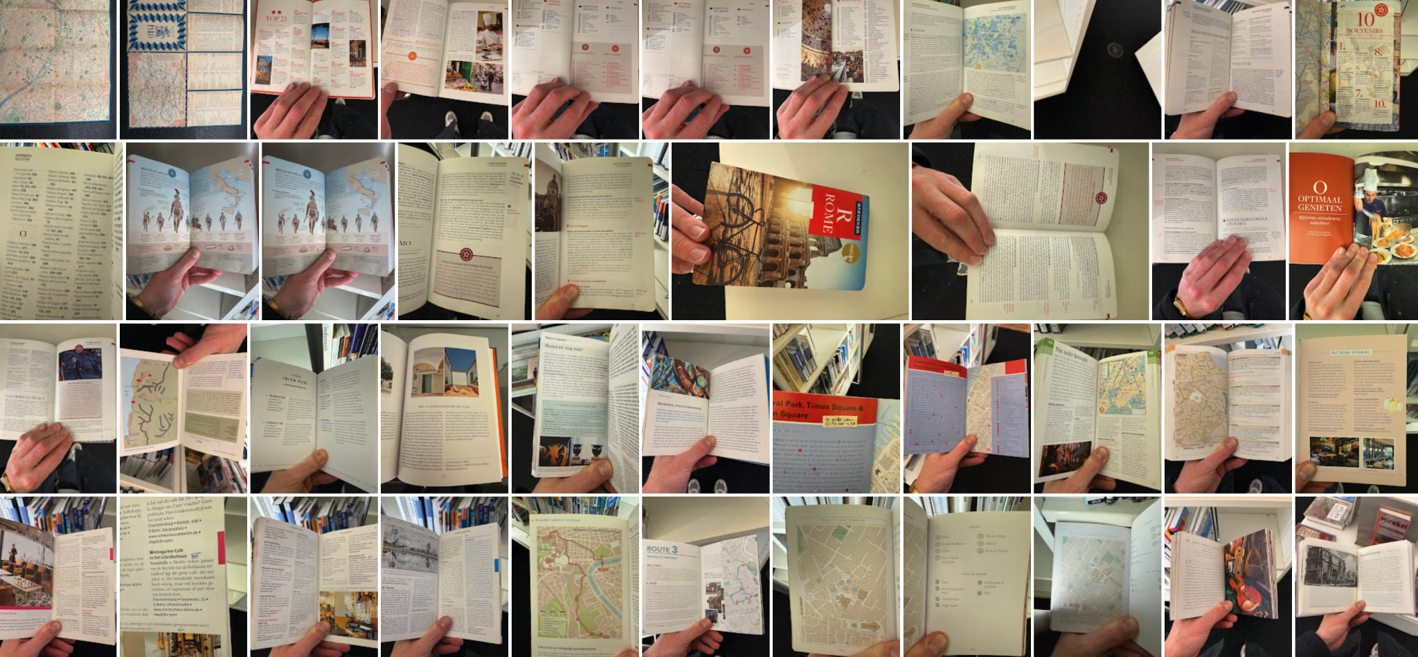 Contact sheet of printed travel guides, maps and route layouts