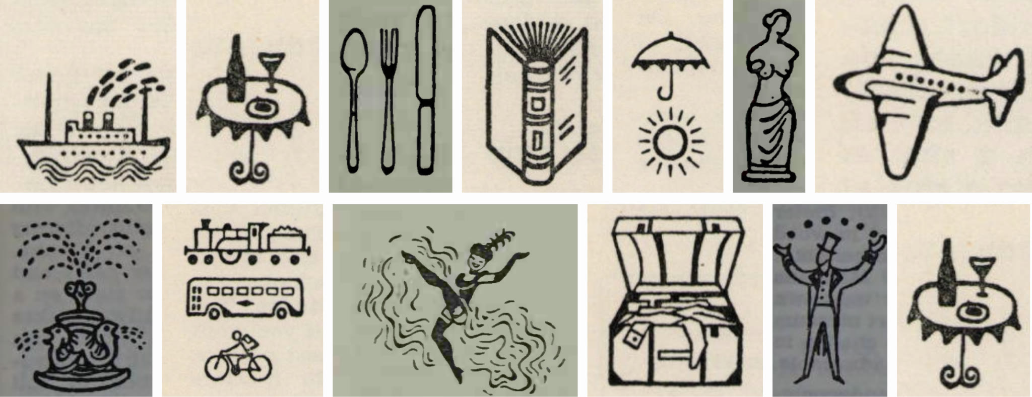 Collection of vintage travel illustrations showing transport, food, weather and culture