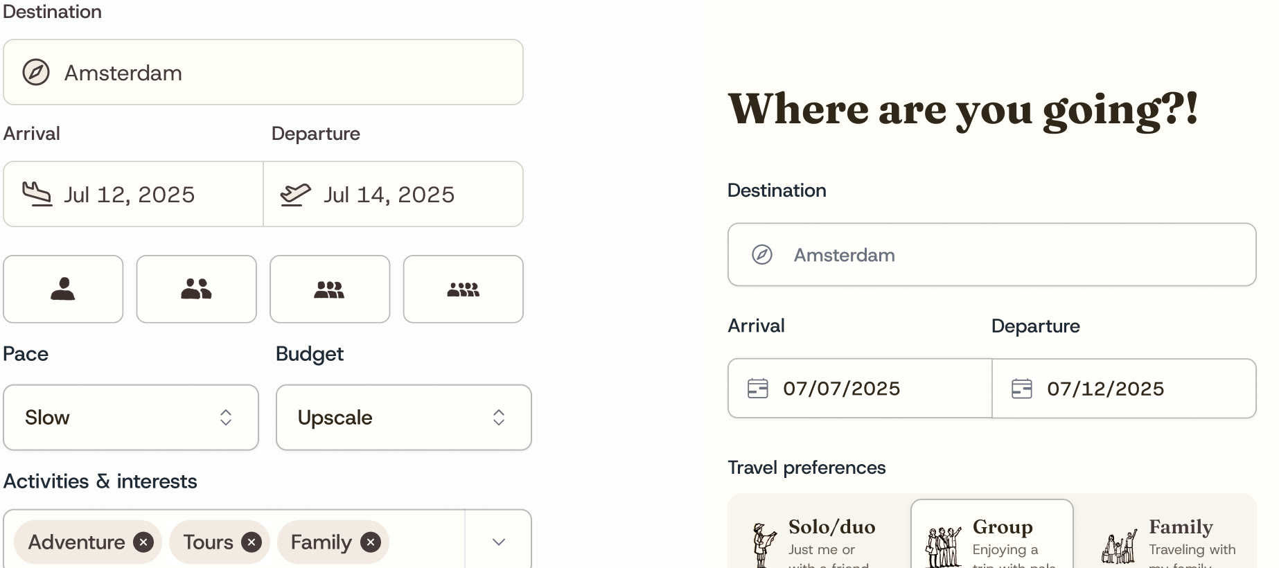 Early TripClick form beside a later guided preference screen